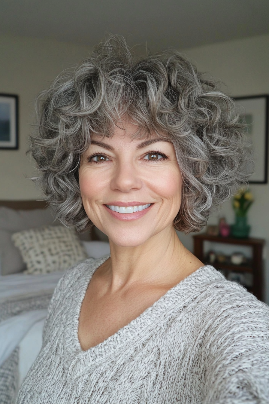 14. Curly Pixie with Short Bangs – Warm Gray (Hairstyles With Bangs For Women Over 50) - Hairstyles With Bangs For Women Over 50