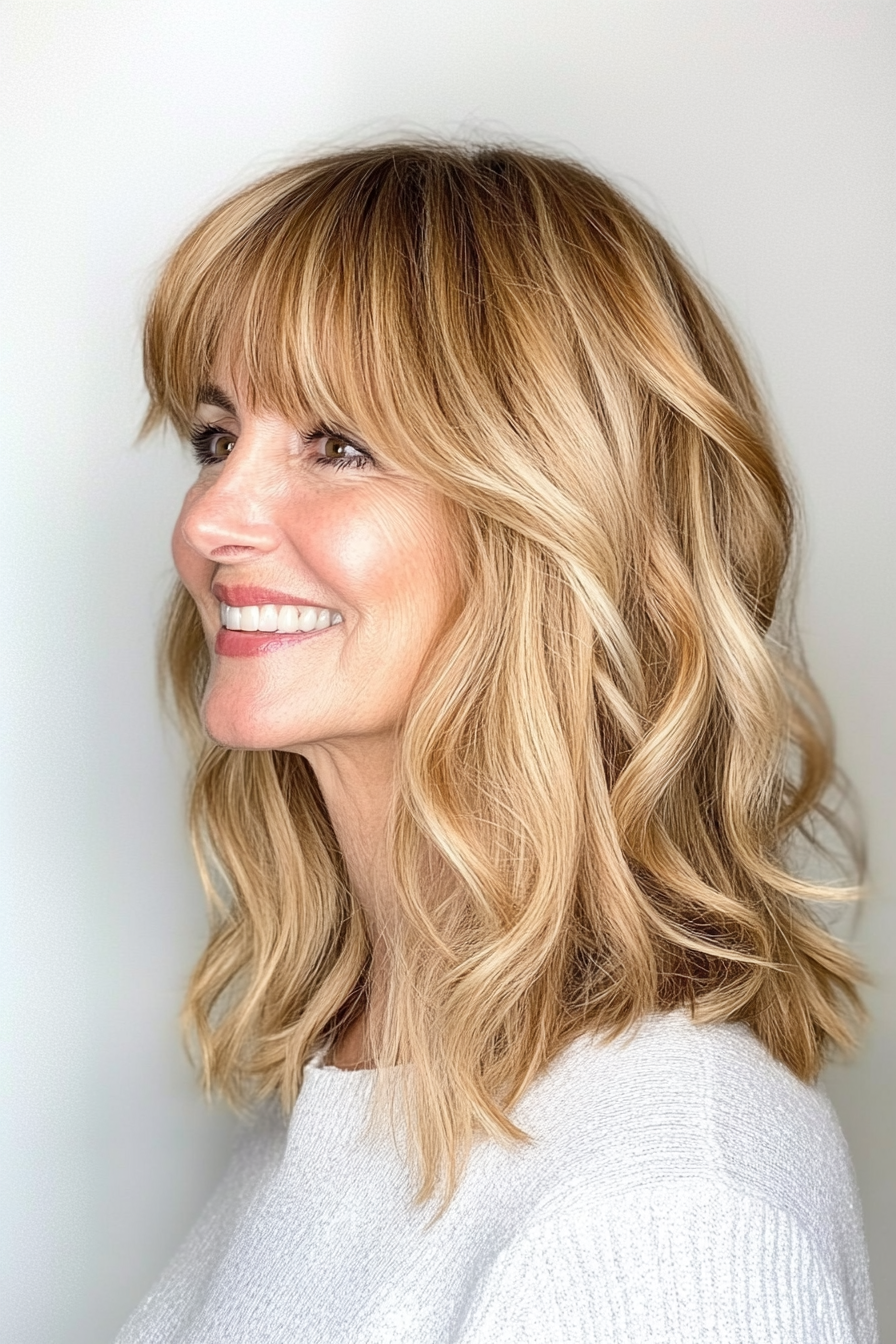 15. Shoulder-Length Soft Shag with Bangs – Golden Blonde (Hairstyles With Bangs For Women Over 50) - Hairstyles With Bangs For Women Over 50