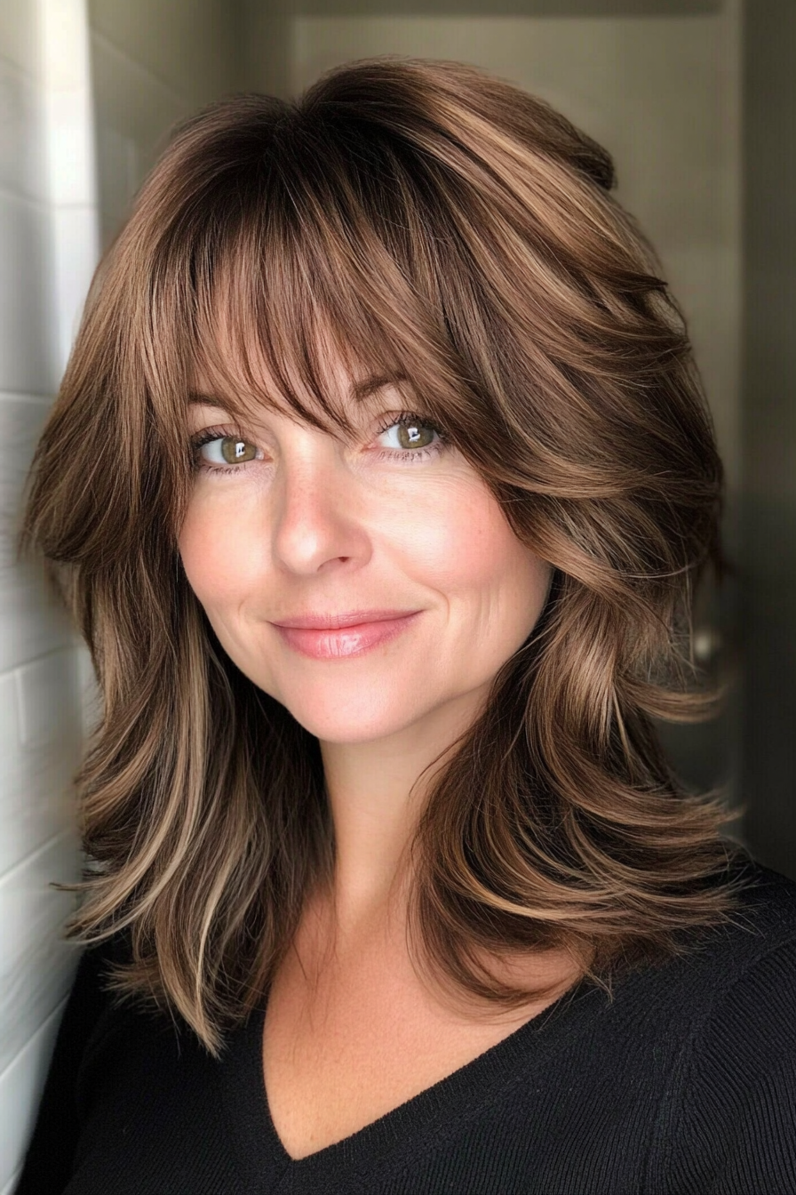 19. Wavy Layered Lob with Face-Framing Bangs – Soft Brown (Hairstyles With Bangs For Women Over 50) - Hairstyles With Bangs For Women Over 50