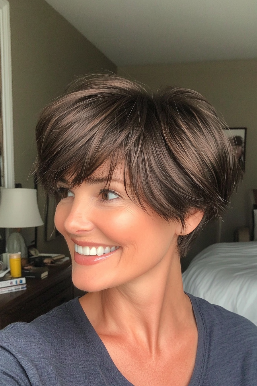 20. Short Textured Crop with Wispy Bangs – Dark Ash Brown (Hairstyles With Bangs For Women Over 50) - Hairstyles With Bangs For Women Over 50