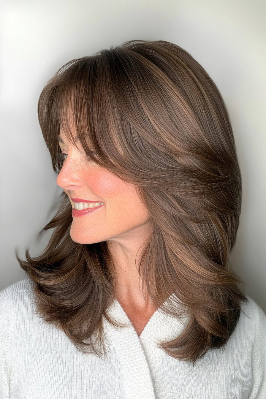 21. Classic Shoulder-Length Layers with Blended Bangs – Warm Chestnut (Hairstyles With Bangs For Women Over 50) - Hairstyles With Bangs For Women Over 50