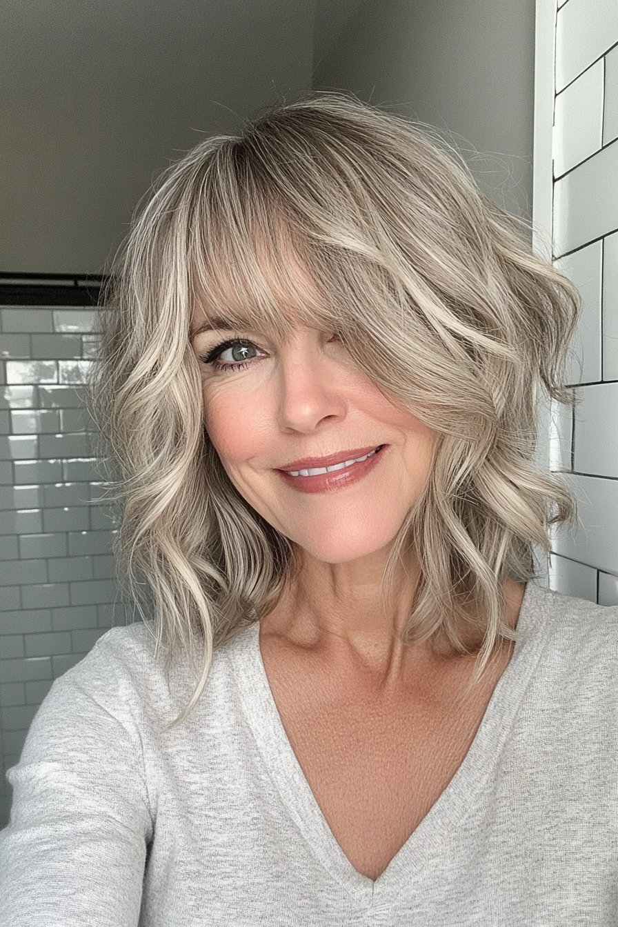 22. Modern Wavy Bob with Curtain Bangs – Light Ash Blonde (Hairstyles With Bangs For Women Over 50) - Hairstyles With Bangs For Women Over 50