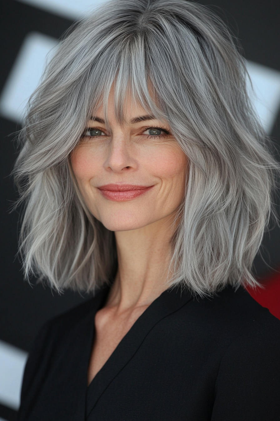 23. Short Shag with Piecey Bangs – Smoky Gray (Hairstyles With Bangs For Women Over 50) - Hairstyles With Bangs For Women Over 50