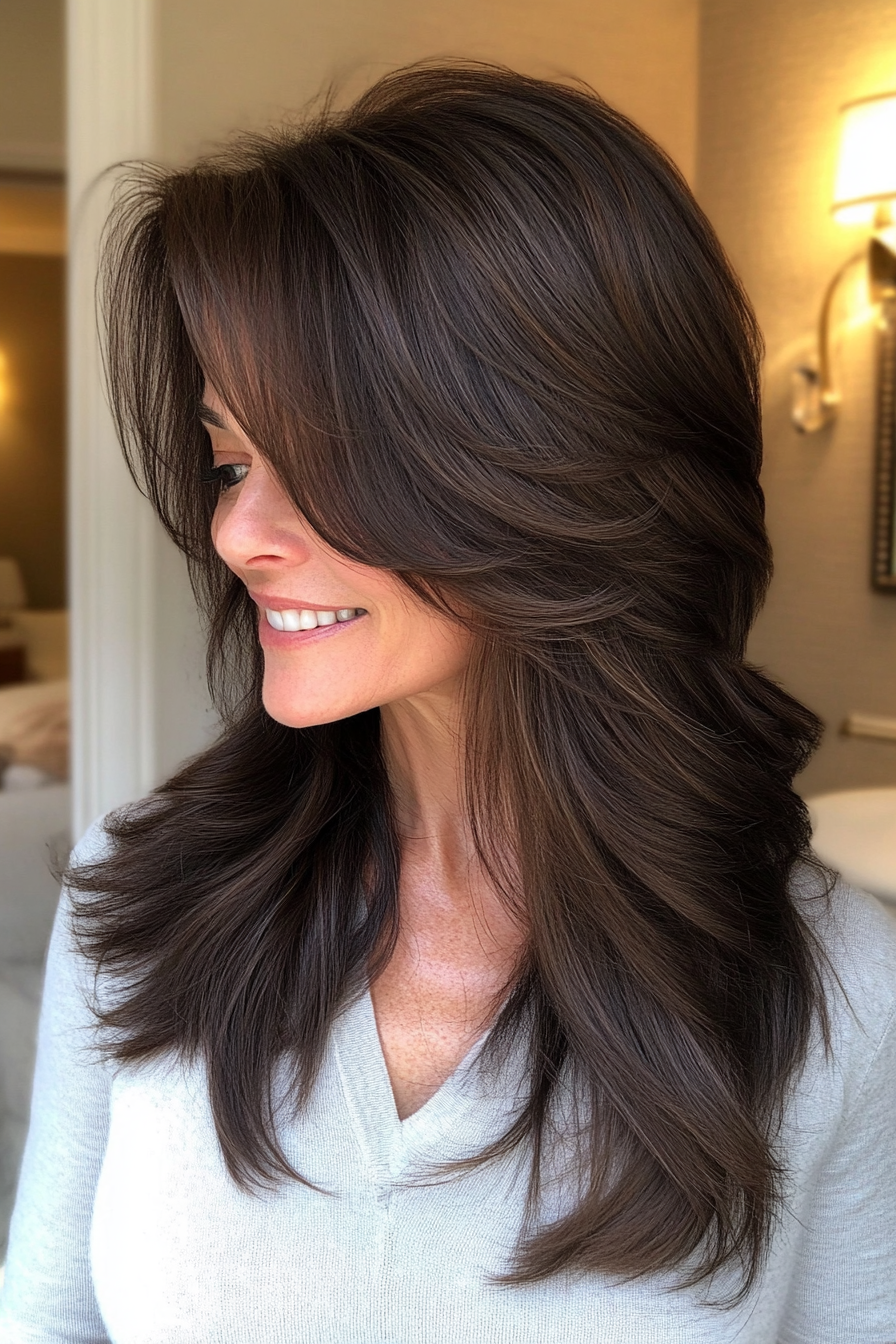 24. Long Sleek Layers with Soft Bangs – Deep Brunette (Hairstyles With Bangs For Women Over 50) - Hairstyles With Bangs For Women Over 50