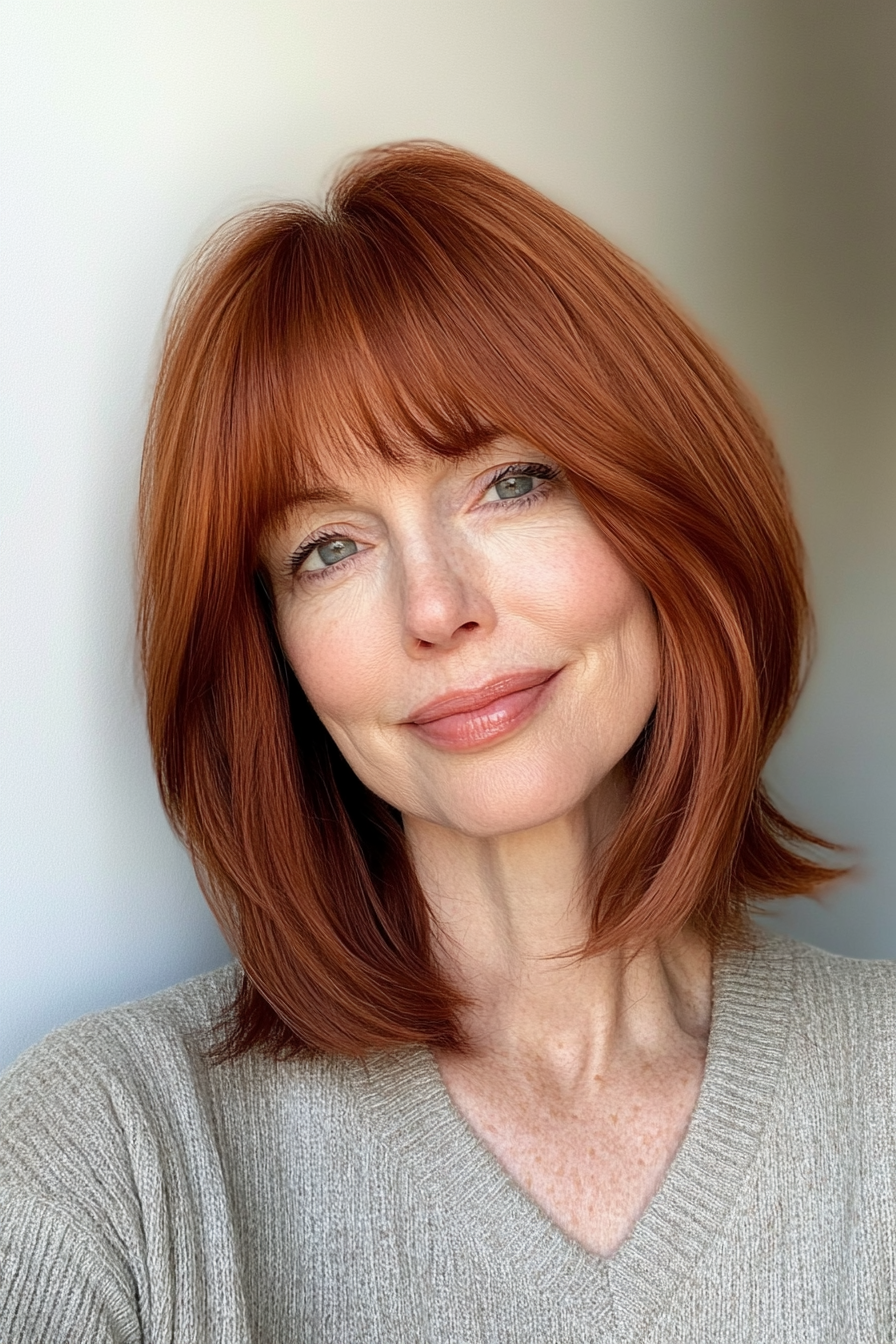 26. Chin-Length Layered Bob with Straight Bangs – Warm Auburn (Hairstyles With Bangs For Women Over 50) - Hairstyles With Bangs For Women Over 50