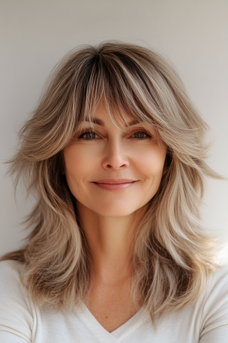 27. Soft Layered Cut with Wispy Bangs – Dark Honey Blonde (Hairstyles With Bangs For Women Over 50) - Hairstyles With Bangs For Women Over 50
