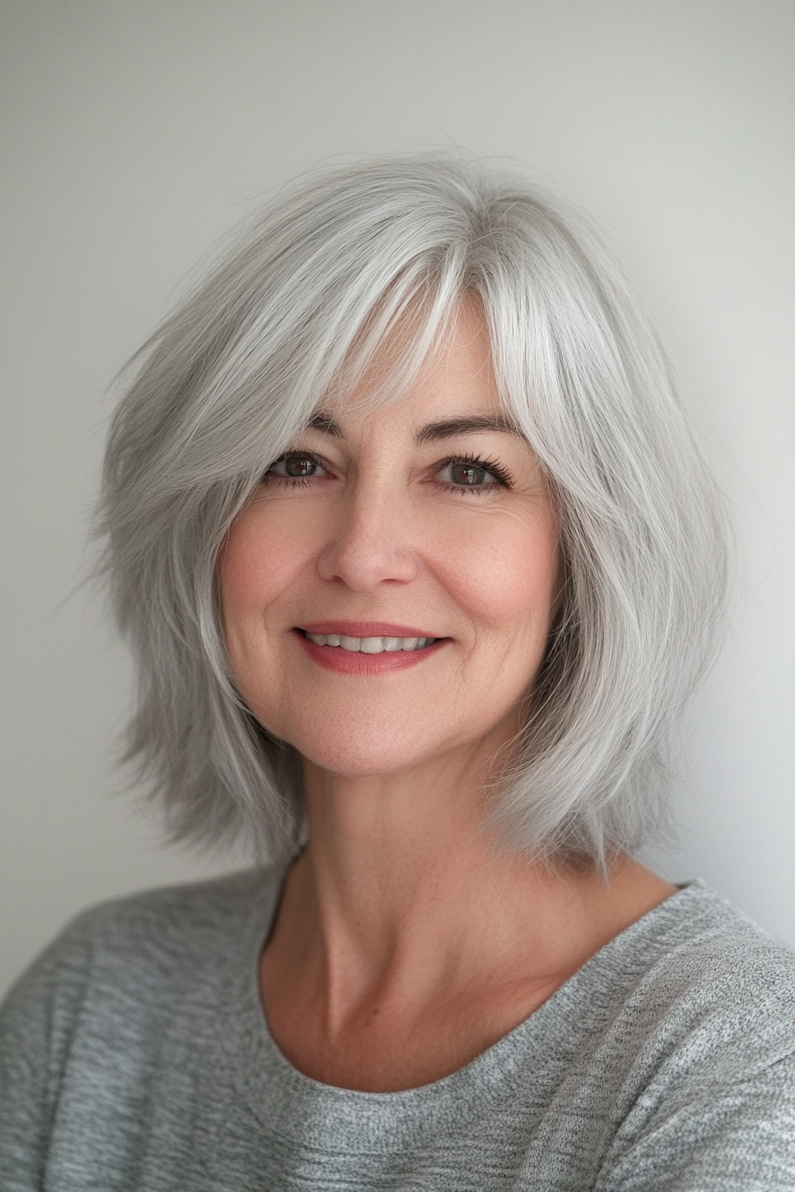 1. Silver Layered Bob with Wispy Bangs (Hairstyles For Women Over 70) - Hairstyles For Women Over 70