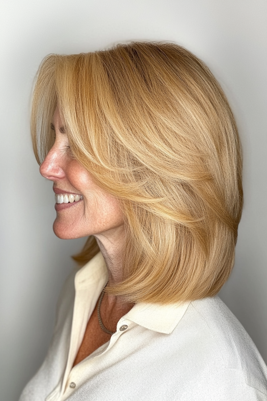 4. Golden Blonde Feathered Lob (Hairstyles For Women Over 70) - Hairstyles For Women Over 70