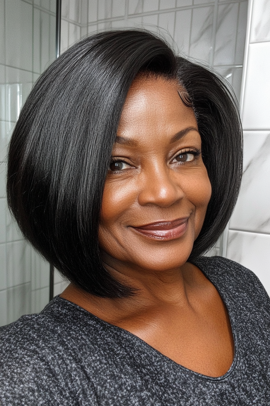 6. Natural Black Sleek Bob (Hairstyles For Women Over 70) - Hairstyles For Women Over 70