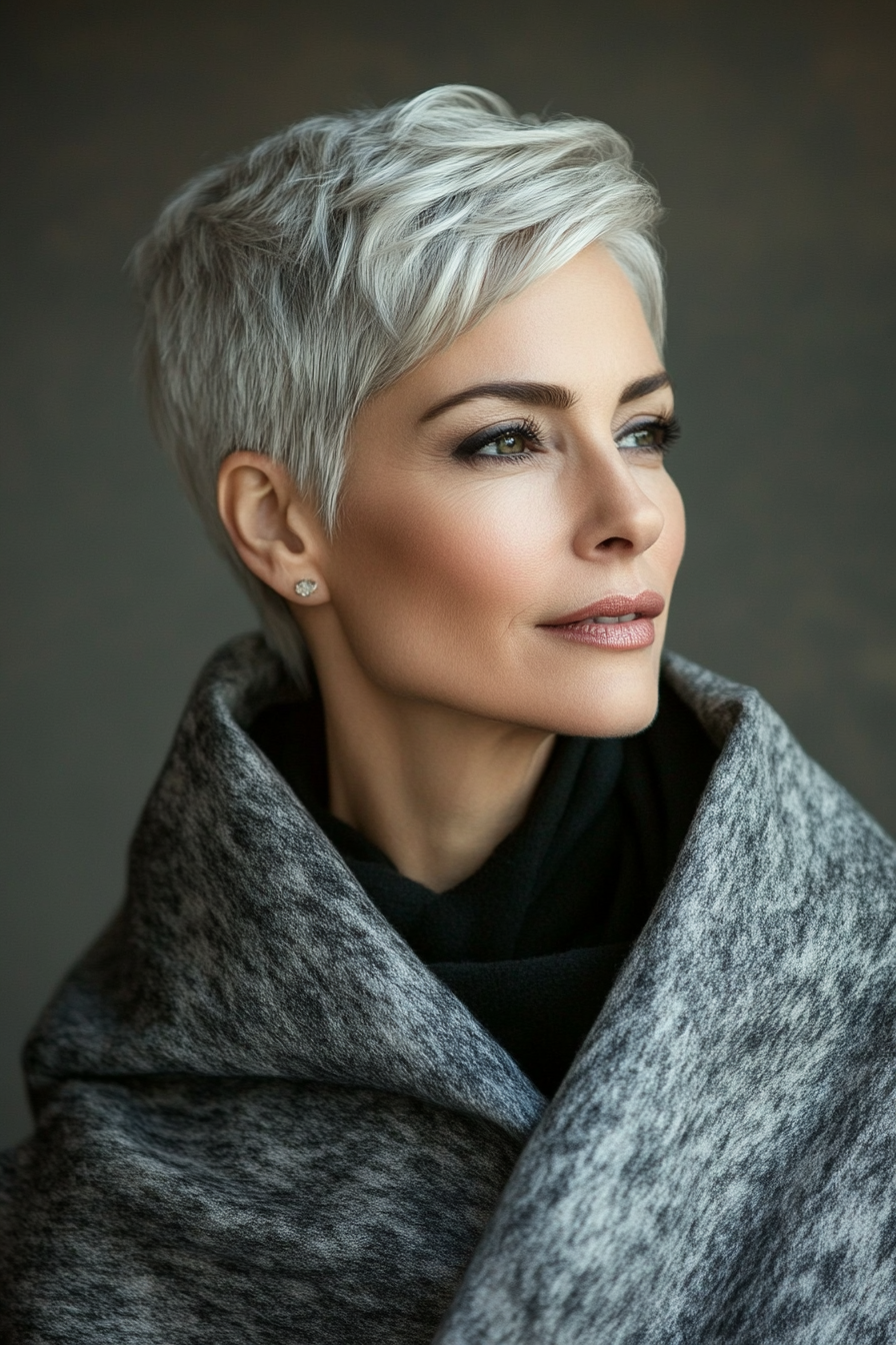 14. Soft Silver Swept-Back Pixie (Hairstyles For Women Over 70) - Hairstyles For Women Over 70