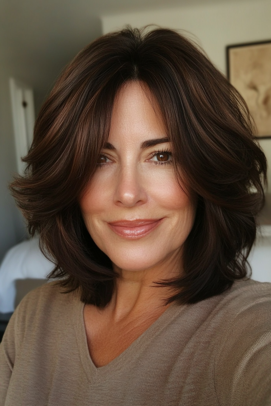 15. Dark Brunette Layered Bob (Hairstyles For Women Over 70) - Hairstyles For Women Over 70