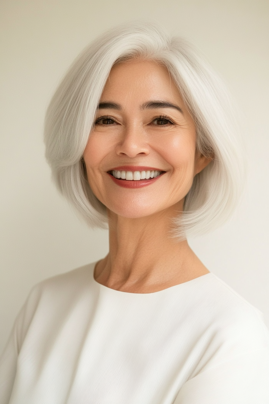 19. Pearl White Sleek Chin-Length Cut (Hairstyles For Women Over 70) - Hairstyles For Women Over 70