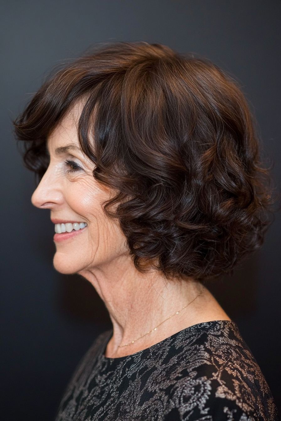 20. Natural Dark Brown Curly Bob (Hairstyles For Women Over 70) - Hairstyles For Women Over 70