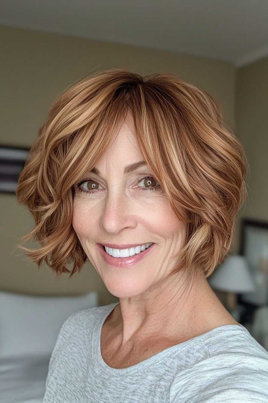 23. Golden Chestnut Wavy Crop (Hairstyles For Women Over 70) - Hairstyles For Women Over 70