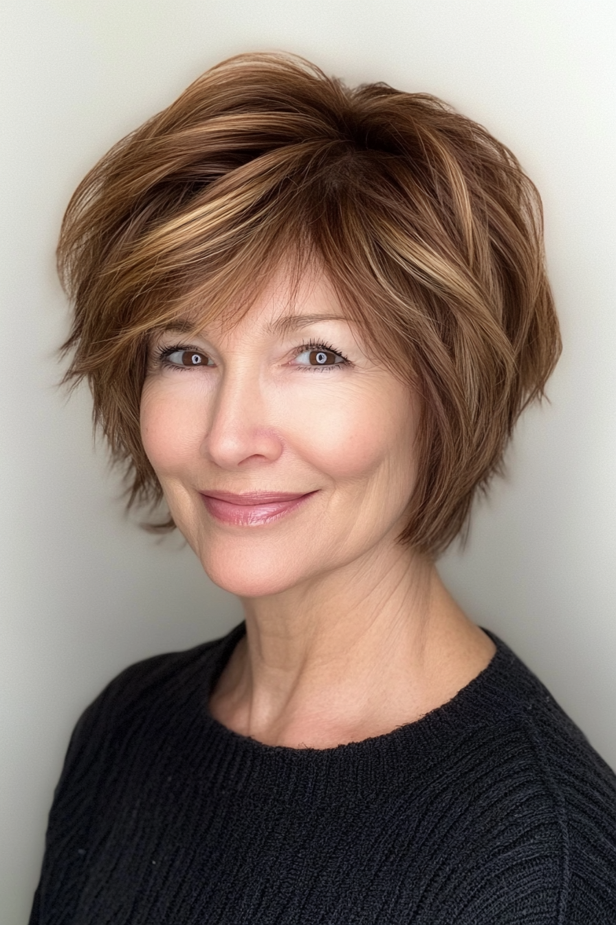 2. Tapered Shag with Warm Chestnut Highlights (Short Shag Haircuts For Older Women) - Short Shag Haircuts For Older Women