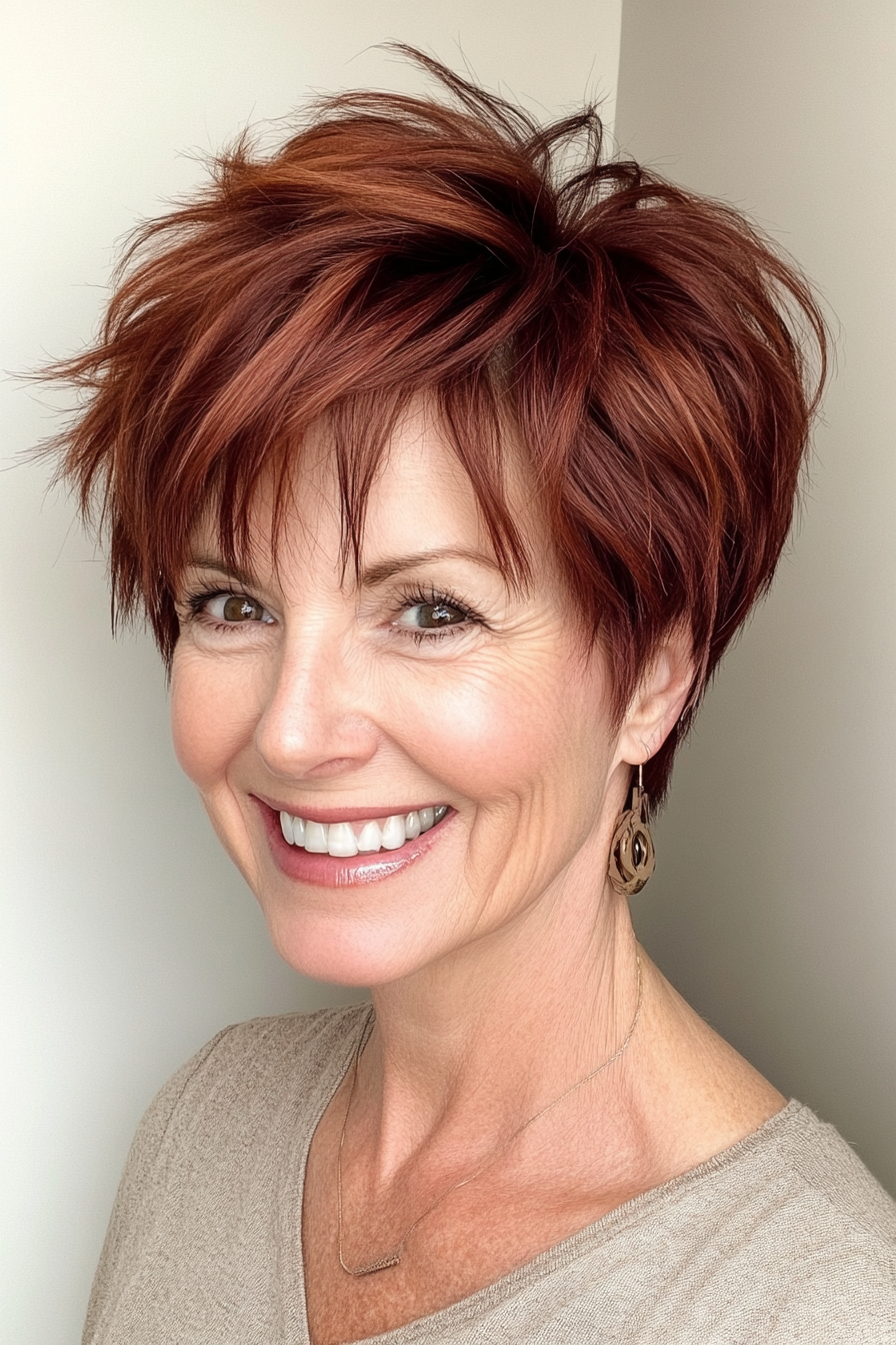 4. Choppy Pixie Shag in Deep Mahogany (Short Shag Haircuts For Older Women) - Short Shag Haircuts For Older Women
