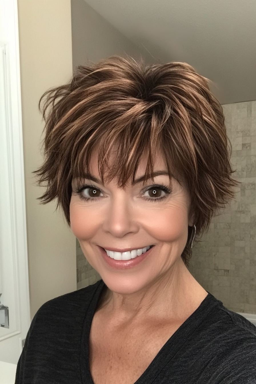7. Tousled Shag with Auburn Lowlights (Short Shag Haircuts For Older Women) - Short Shag Haircuts For Older Women
