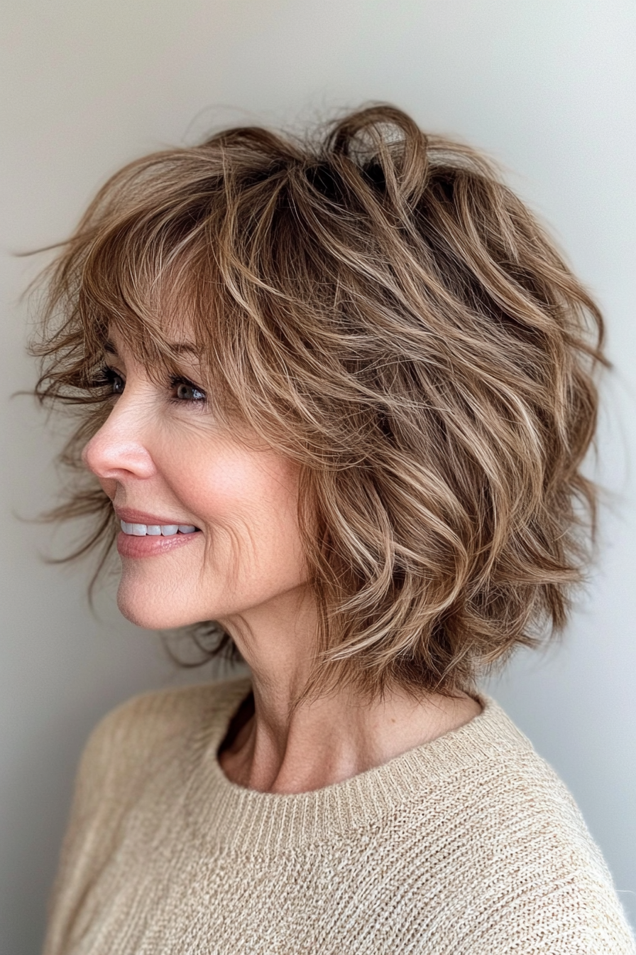 11. Messy Shag with Honey Brown Undertones (Short Shag Haircuts For Older Women) - Short Shag Haircuts For Older Women