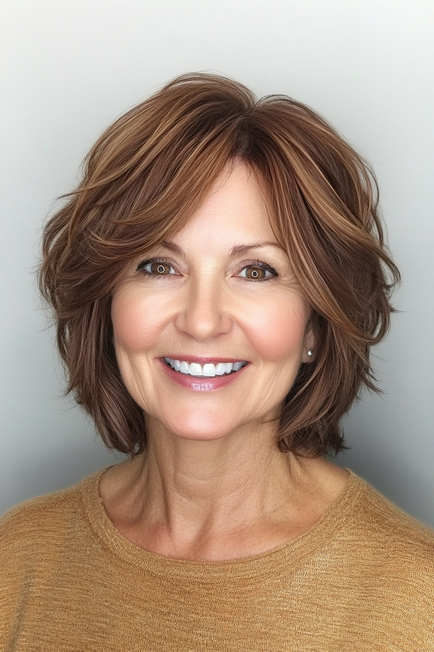 12. Face-Framing Shag in Soft Caramel Brunette (Short Shag Haircuts For Older Women) - Short Shag Haircuts For Older Women