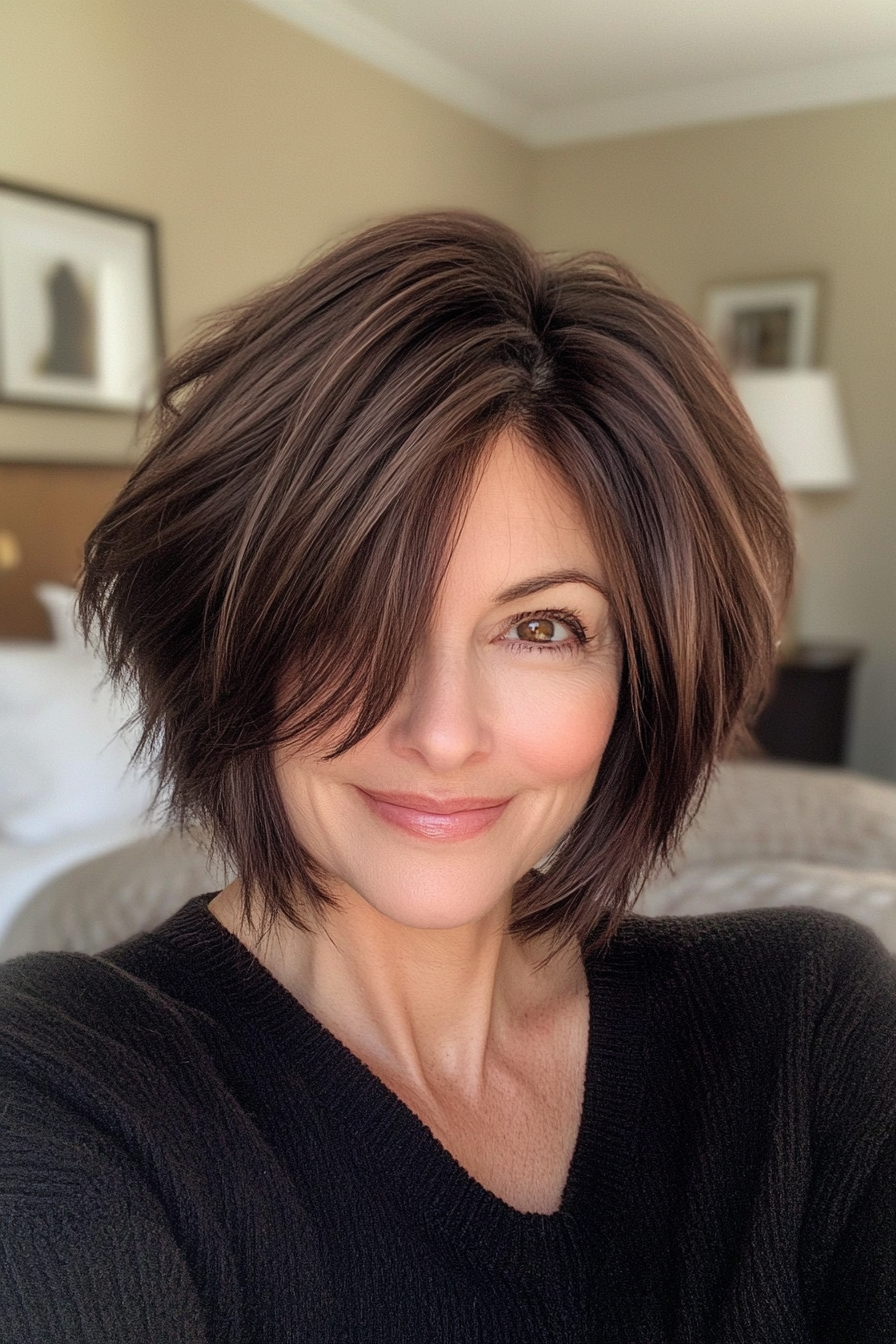 14. Layered Bob Shag in Deep Espresso Brown (Short Shag Haircuts For Older Women) - Short Shag Haircuts For Older Women