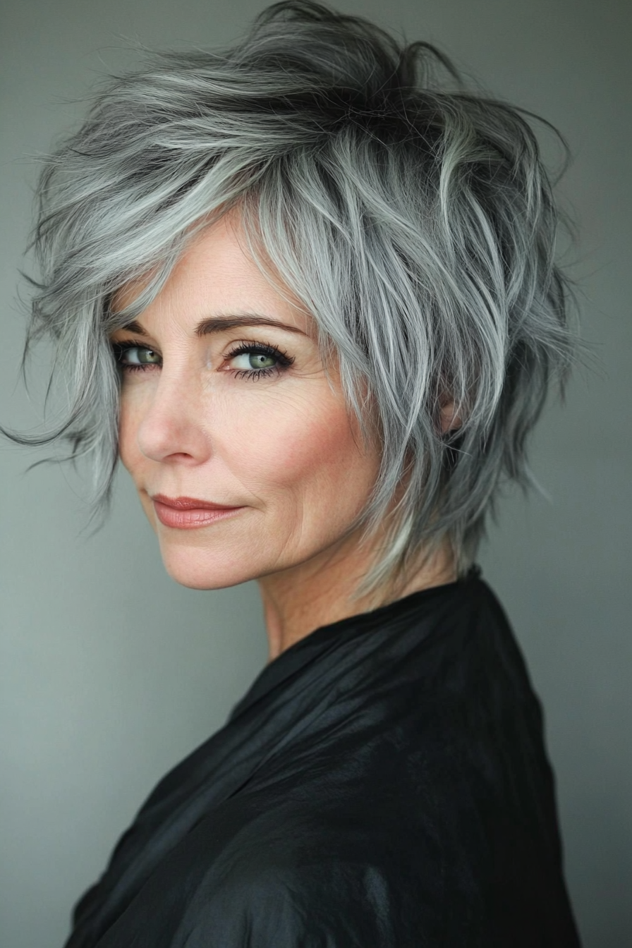 20. Edgy Tousled Shag in Deep Charcoal Gray (Short Shag Haircuts For Older Women) - Short Shag Haircuts For Older Women