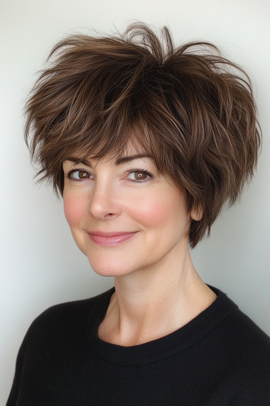 24. Shaggy Pixie Cut in Deep Cocoa Brown (Short Shag Haircuts For Older Women) - Short Shag Haircuts For Older Women