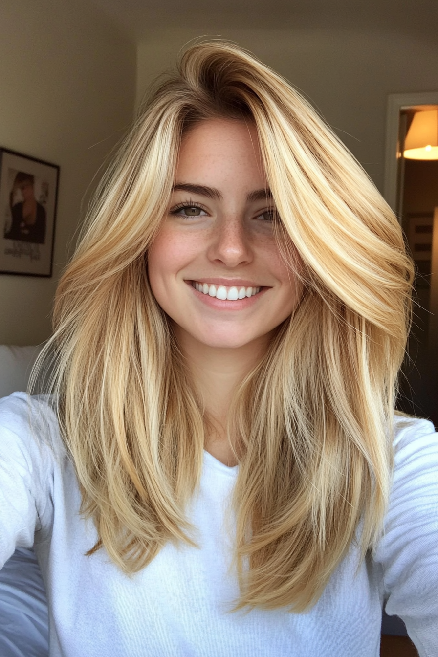 2. Wispy Layers with Golden Blonde Shine (Medium Layered Haircuts) - Medium Layered Haircuts