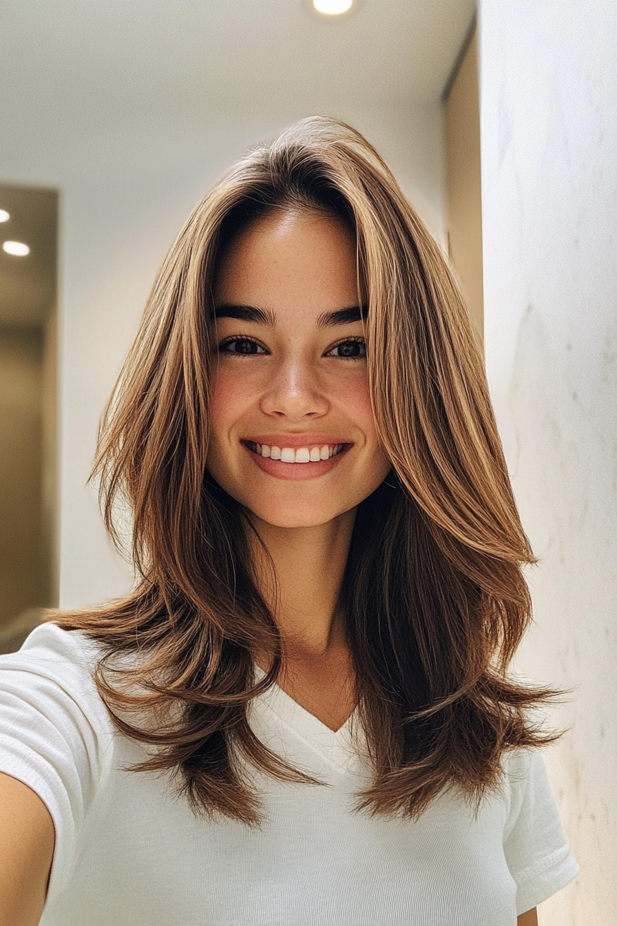 5. Subtle V-Cut Layers in Honey Brown (Medium Layered Haircuts) - Medium Layered Haircuts