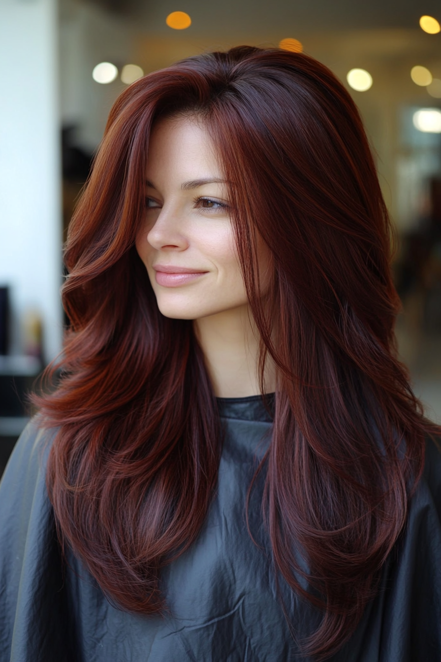 6. Long Curtain Layers in Dark Auburn (Medium Layered Haircuts) - Medium Layered Haircuts