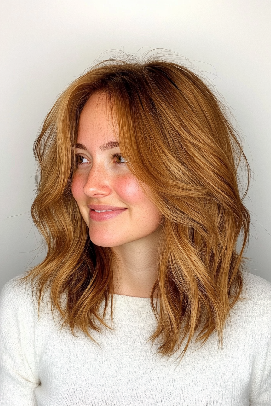 7. Textured Layers in Golden Caramel (Medium Layered Haircuts) - Medium Layered Haircuts