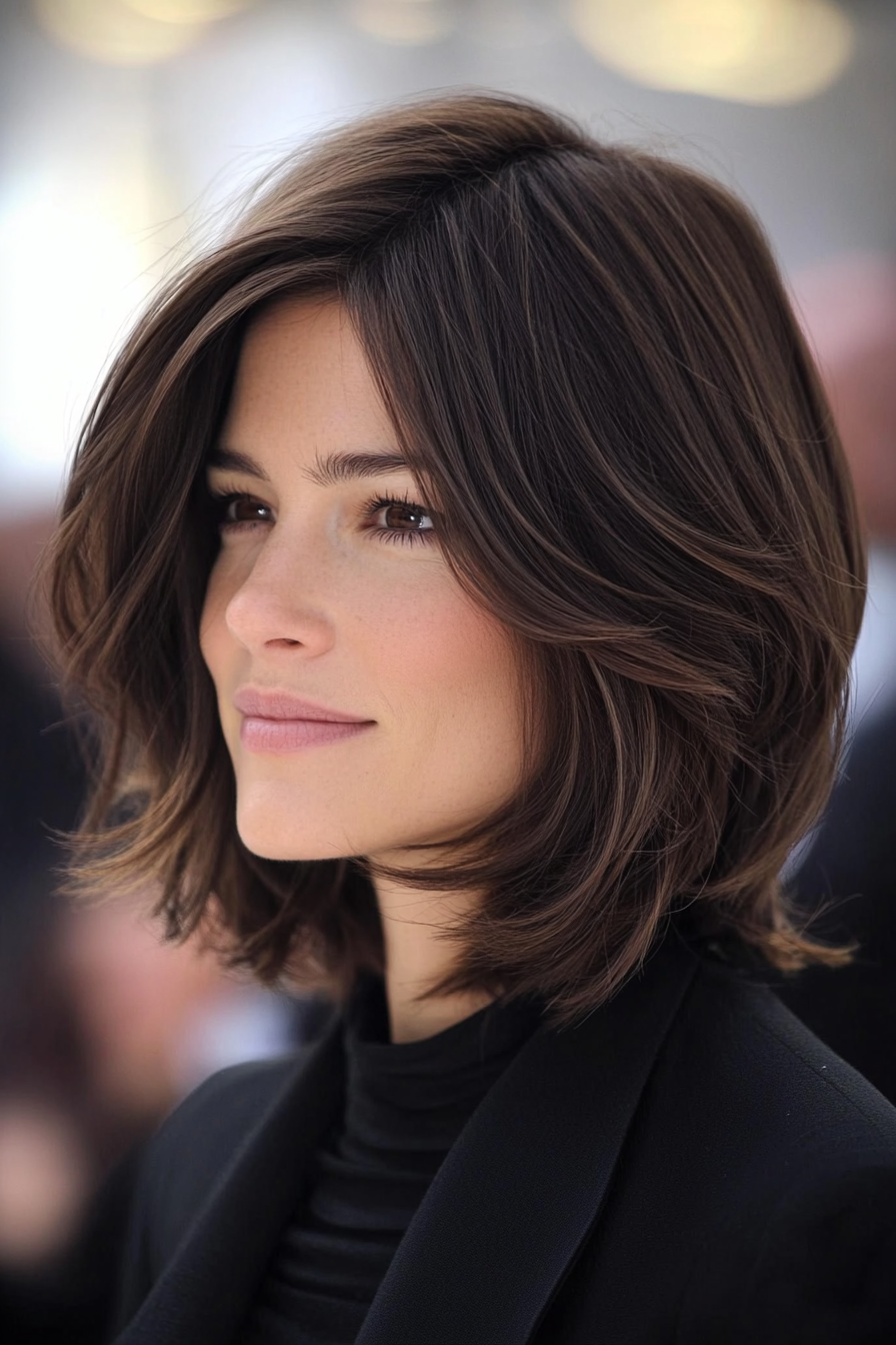 9. Layered Lob in Dark Chocolate Brown (Medium Layered Haircuts) - Medium Layered Haircuts