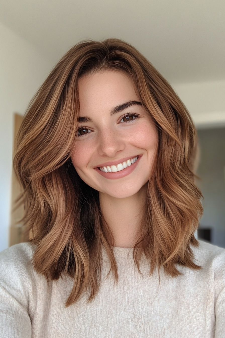 10. Cascading Layers in Warm Maple Brown (Medium Layered Haircuts) - Medium Layered Haircuts
