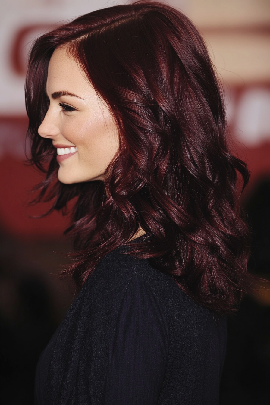 15. Softly Layered Waves in Deep Burgundy Brown (Medium Layered Haircuts) - Medium Layered Haircuts