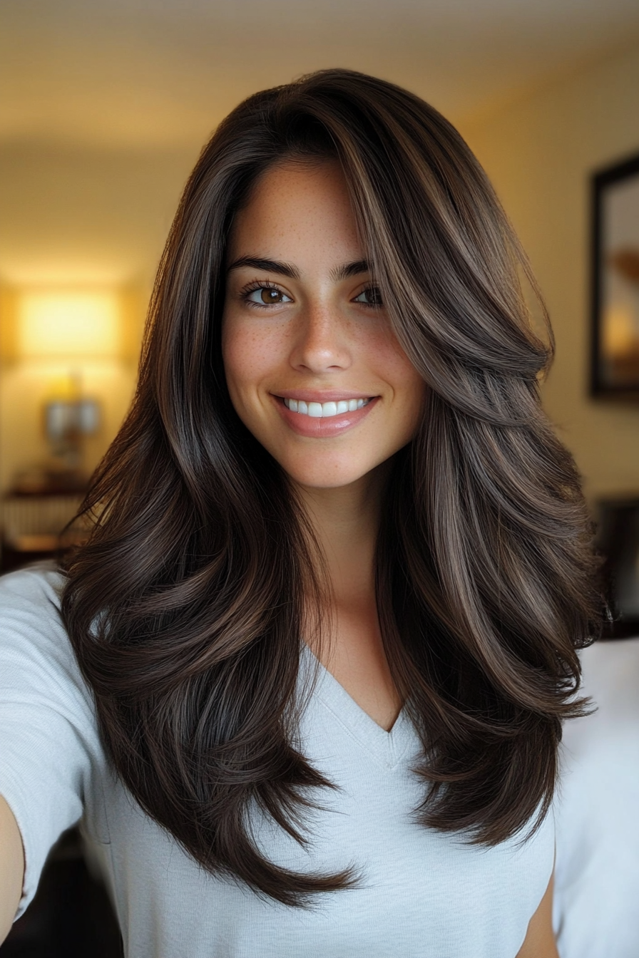 24. Blended Face-Framing Layers in Espresso Brown (Medium Layered Haircuts) - Medium Layered Haircuts