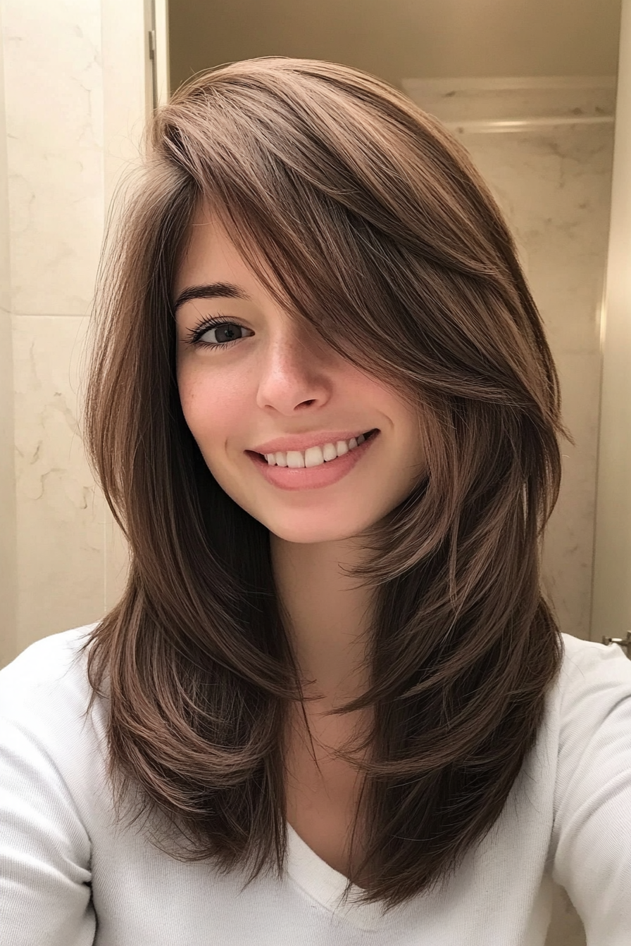 27. Medium Layered Cut with Side Bangs in Warm Almond Brown (Medium Layered Haircuts) - Medium Layered Haircuts