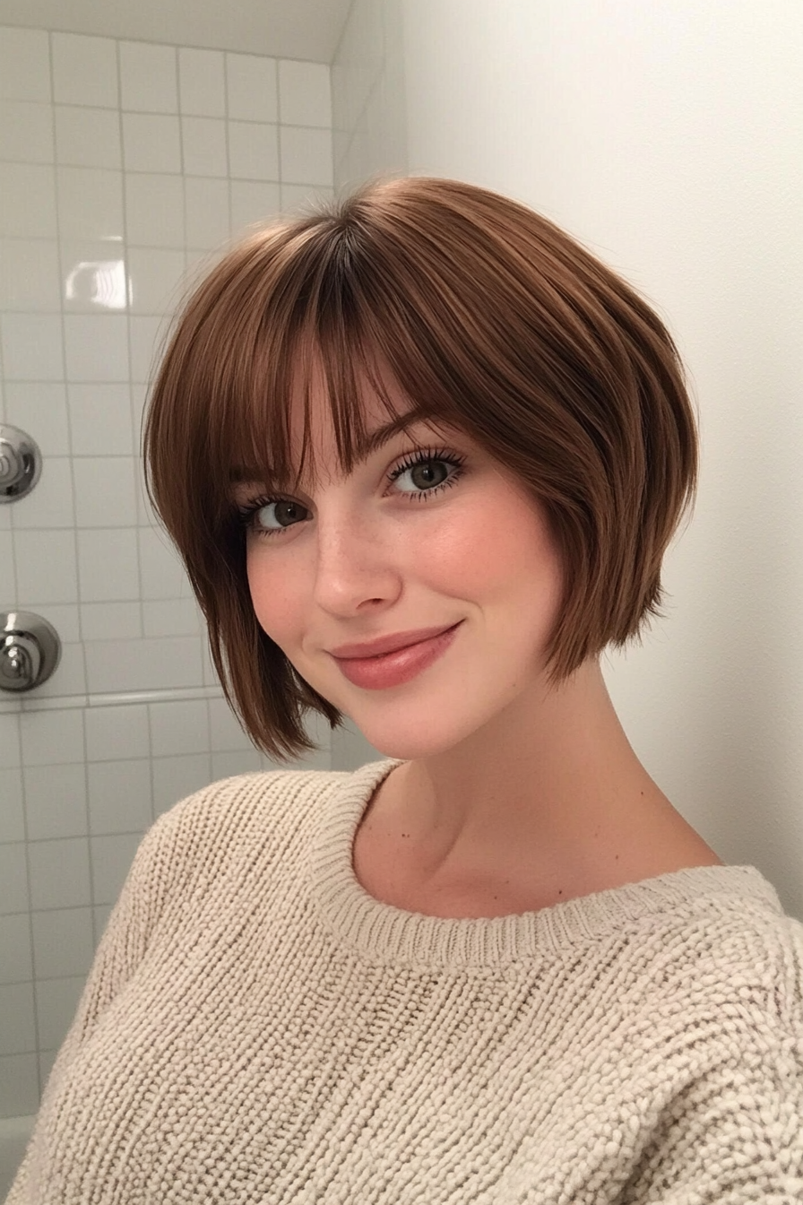 1. Soft Layered Bob in Warm Chestnut (Short Bob Hairstyles With Bangs) - Short Bob Hairstyles With Bangs