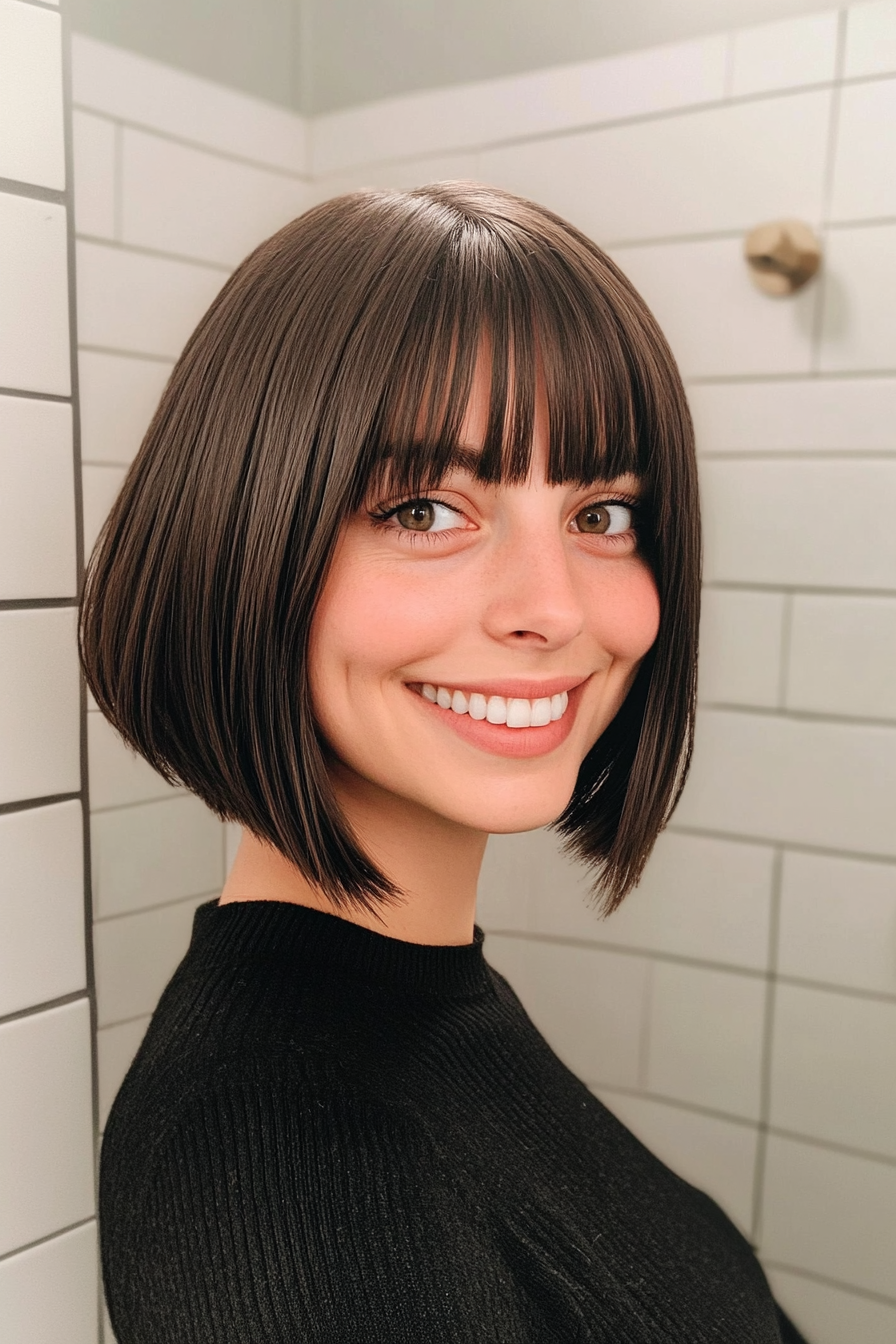 2. Blunt Bob with Straight Bangs in Deep Espresso (Short Bob Hairstyles With Bangs) - Short Bob Hairstyles With Bangs