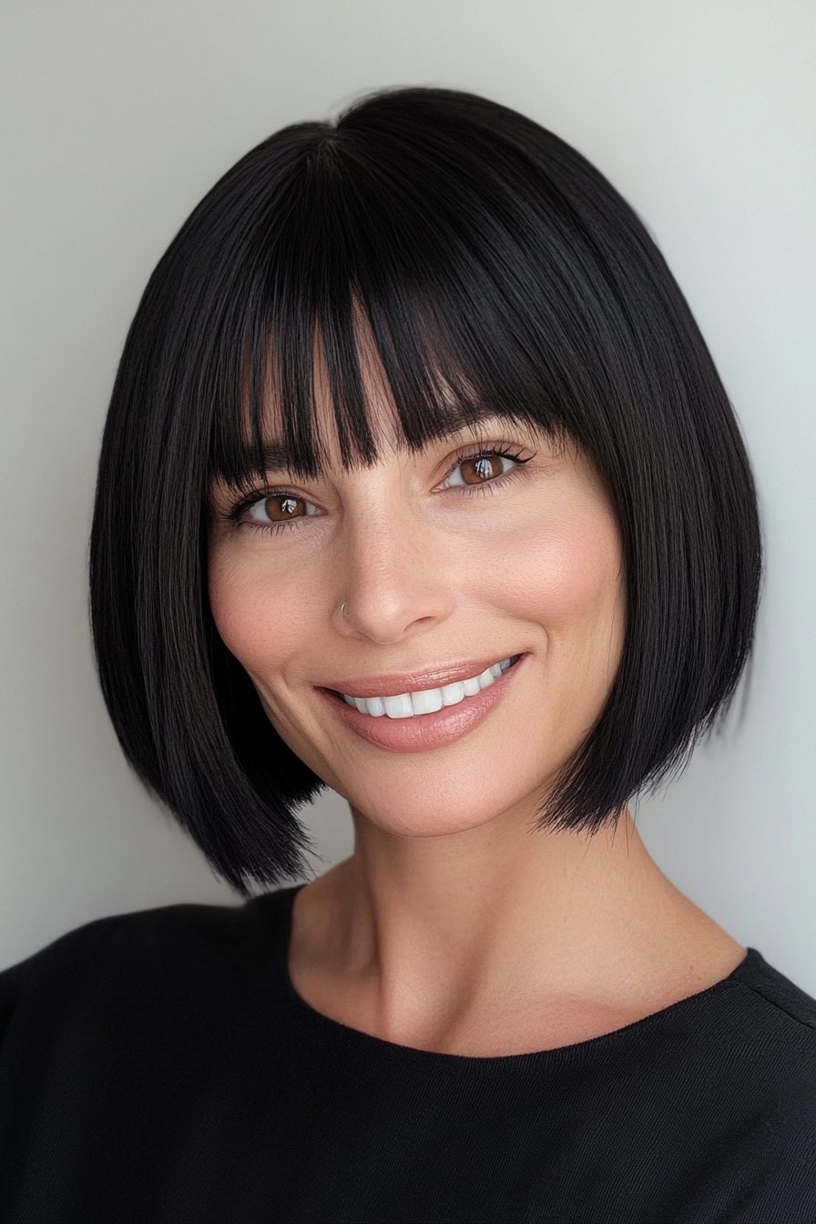 5. Chin-Length Bob in Jet Black (Short Bob Hairstyles With Bangs) - Short Bob Hairstyles With Bangs