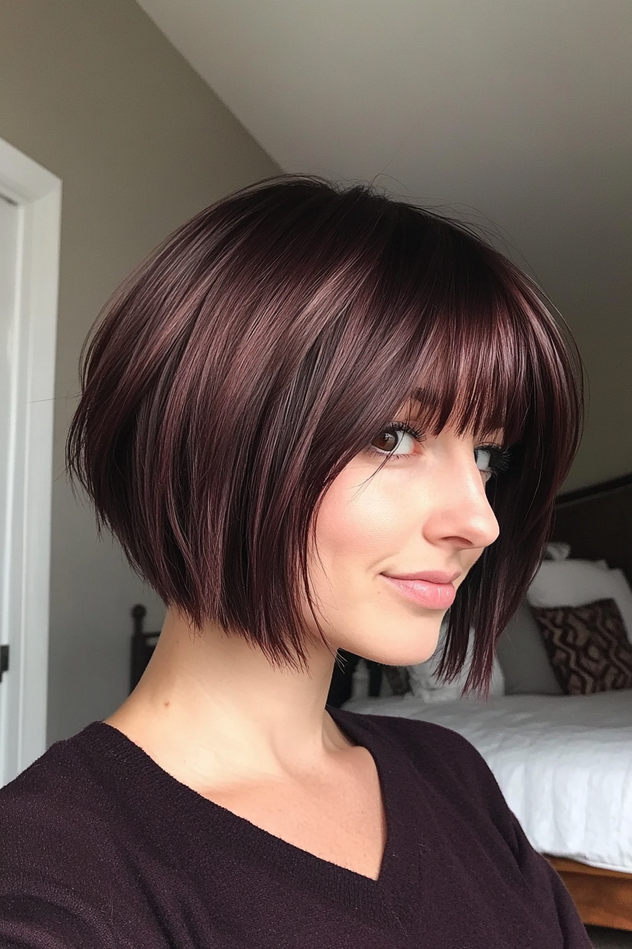 6. Choppy Bob with Side Bangs in Dark Mahogany (Short Bob Hairstyles With Bangs) - Short Bob Hairstyles With Bangs