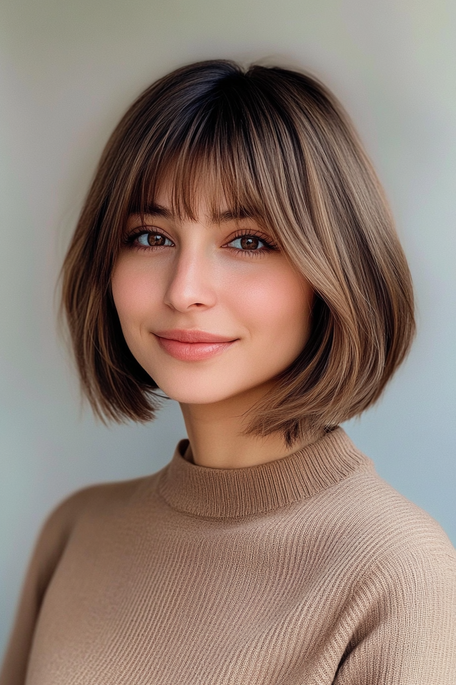 7. Layered French Bob in Light Caramel Brown (Short Bob Hairstyles With Bangs) - Short Bob Hairstyles With Bangs