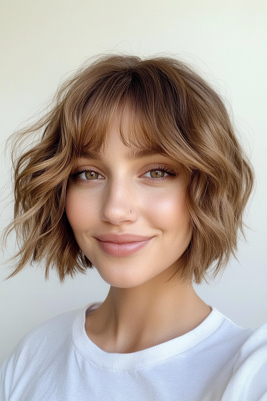 8. Short Wavy Bob in Warm Honey Brown (Short Bob Hairstyles With Bangs) - Short Bob Hairstyles With Bangs