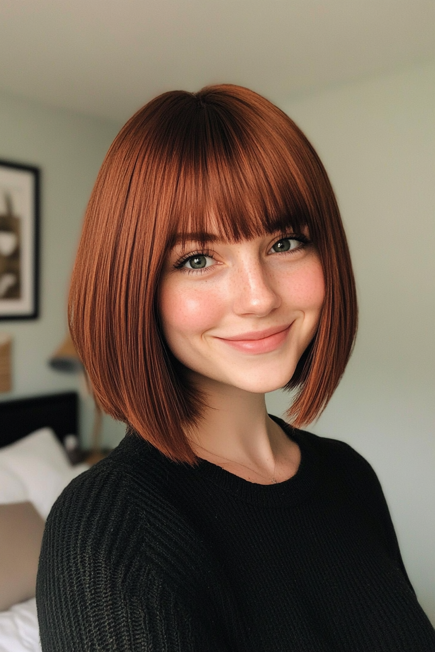 9. A-Line Bob in Deep Auburn (Short Bob Hairstyles With Bangs) - Short Bob Hairstyles With Bangs
