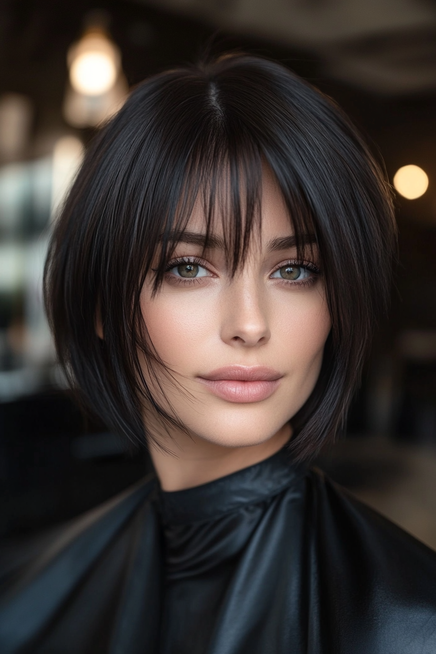 10. Sleek Graduated Bob in Soft Black (Short Bob Hairstyles With Bangs) - Short Bob Hairstyles With Bangs