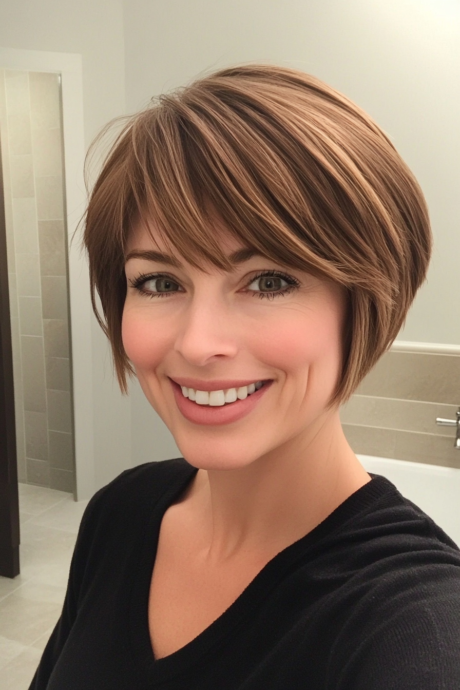 11. Layered Pixie Bob in Warm Hazelnut (Short Bob Hairstyles With Bangs) - Short Bob Hairstyles With Bangs