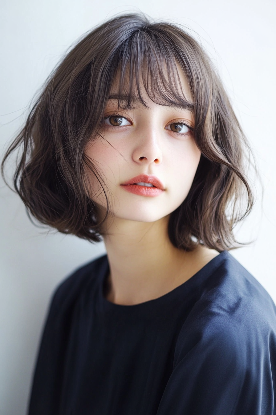 12. Tousled Short Bob in Medium Ash Brown (Short Bob Hairstyles With Bangs) - Short Bob Hairstyles With Bangs