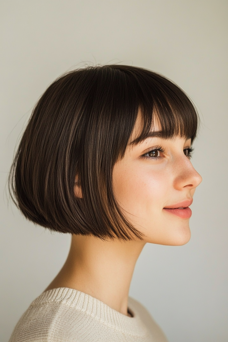 13. Blunt Chin-Length Bob in Natural Dark Brown (Short Bob Hairstyles With Bangs) - Short Bob Hairstyles With Bangs