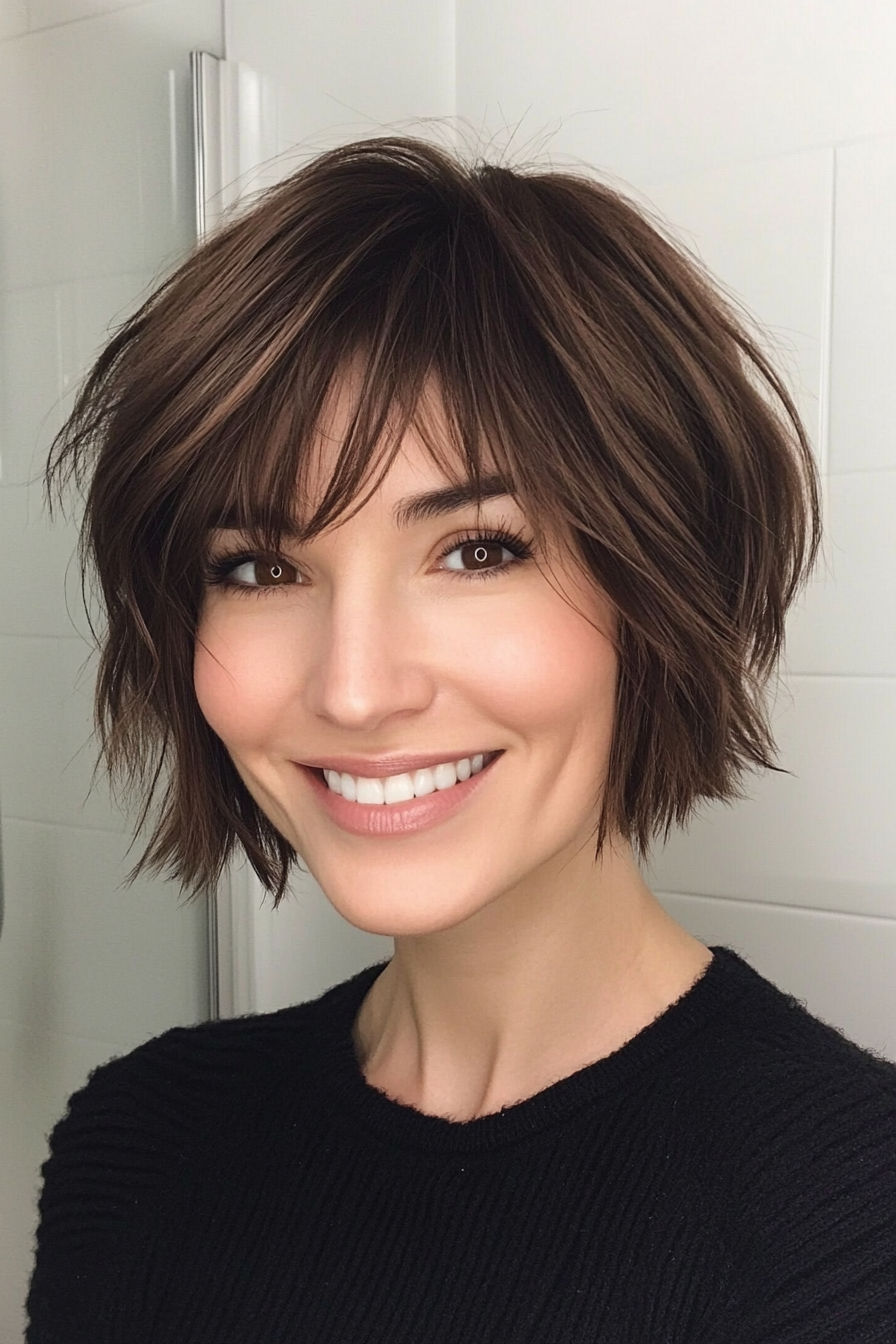 15. Short Shaggy Bob in Rich Chocolate Brown (Short Bob Hairstyles With Bangs) - Short Bob Hairstyles With Bangs