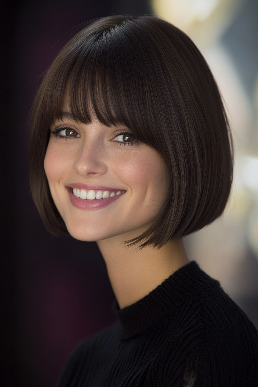 16. Sculpted Bob in Classic Brunette (Short Bob Hairstyles With Bangs) - Short Bob Hairstyles With Bangs