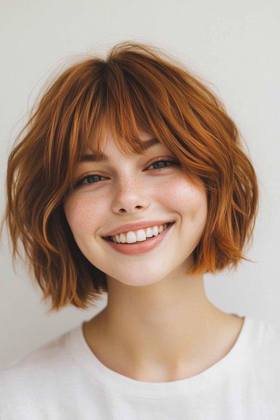 17. Undone Bob with Side-Swept Bangs in Copper Brown (Short Bob Hairstyles With Bangs) - Short Bob Hairstyles With Bangs