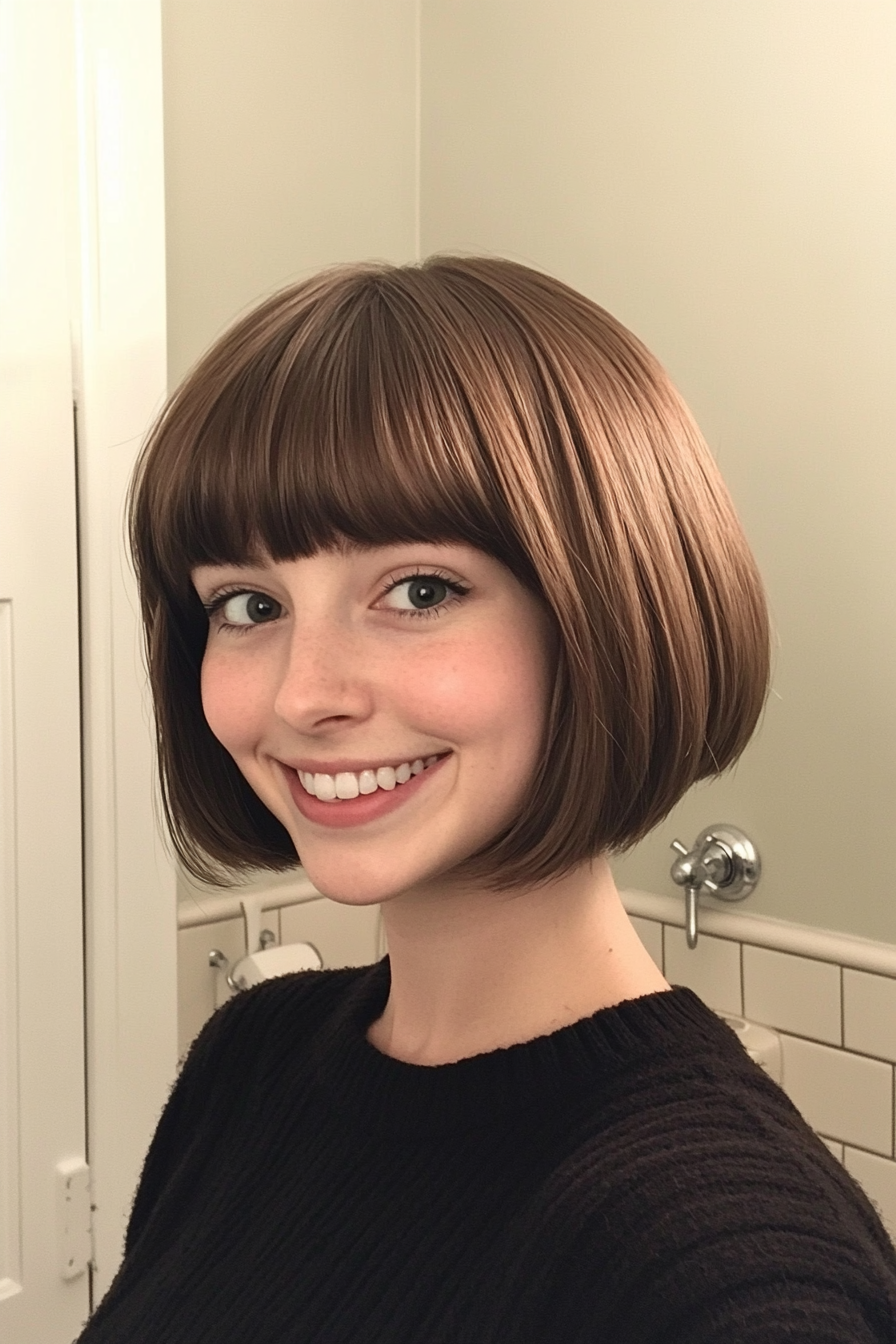 19. Vintage-Inspired Bob in Dark Walnut Brown (Short Bob Hairstyles With Bangs) - Short Bob Hairstyles With Bangs